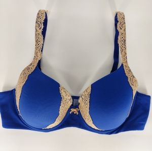Soma Embraceable Bra Blue W/ Beige Lace W/ Adjustable Straps Sz 34C Flaw…
